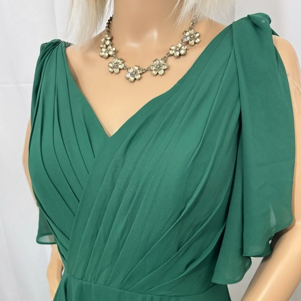 JJs HOUSE Green Goddess Chiffon Gown Split Ruffle Sleeve Dress V Neck Women Sz 6 - Picture 8 of 16